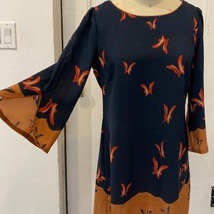 Forever21 ButterflyTunic Dress - 3/4 flare sleeve- navy x tan butterfly size M